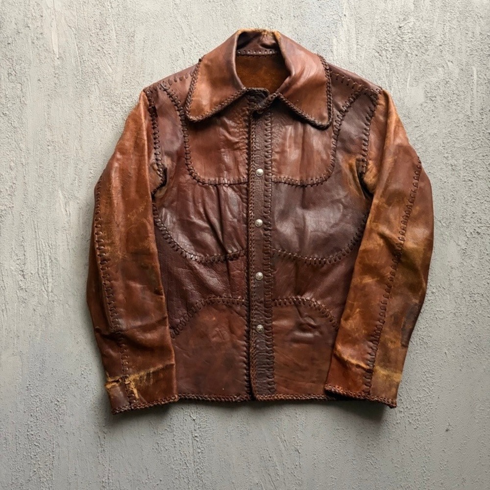 Vintage Leather Jacket Medium Brown 1970s Whipstitch Hippie USA